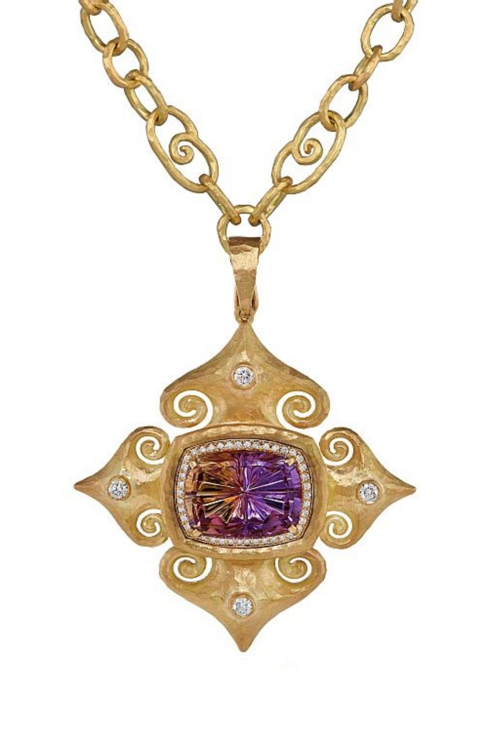 Pamela Froman Fine Jewelry 18-karat yellow gold stylized Maltese Cross pendant featuring a Bolivian John Dyer Starbrite-cut 9.85-carat ametrine, with diamonds. 