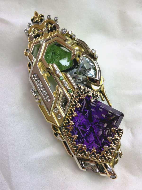 Fantasy Amethyst, Tsavorite, Aquaramine and Diamond Pendant in Gold and Silver