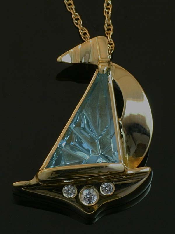 Sailboat Pendant with Blue Topaz Gemstone and Gold