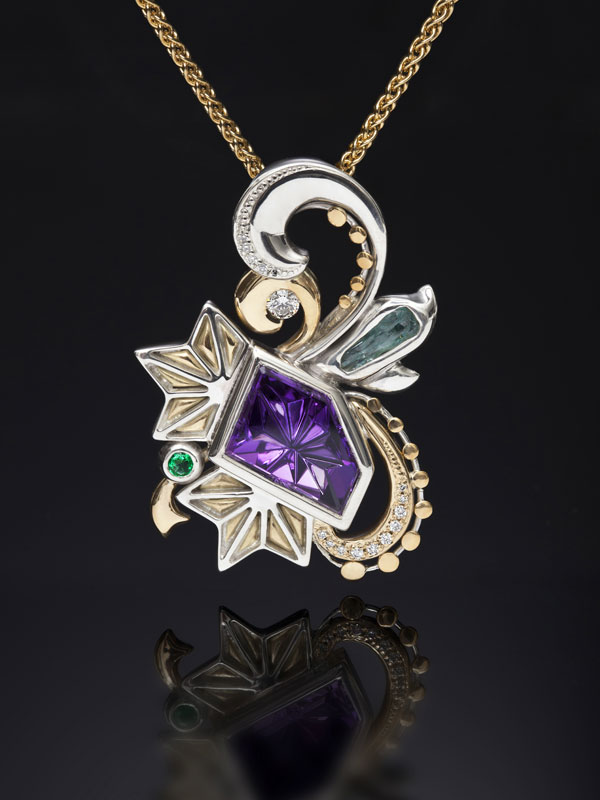 Sarahdigm Fantasy Pendant with Dreamscape™ cut Amethyst in Gold and Silver
