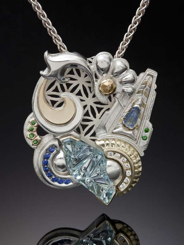Fantasy Pendant with Aquamarine, Diamonds Gold and Silver.