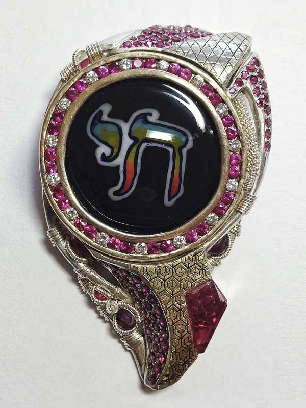 Custom Fantasy Pendant with Red Spinel Diamonds and Gold featuring a John Dyer cut Red Spinel