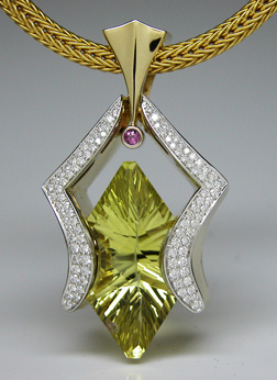 Gold, diamonds and Concave Cut Lime Citrine pendant