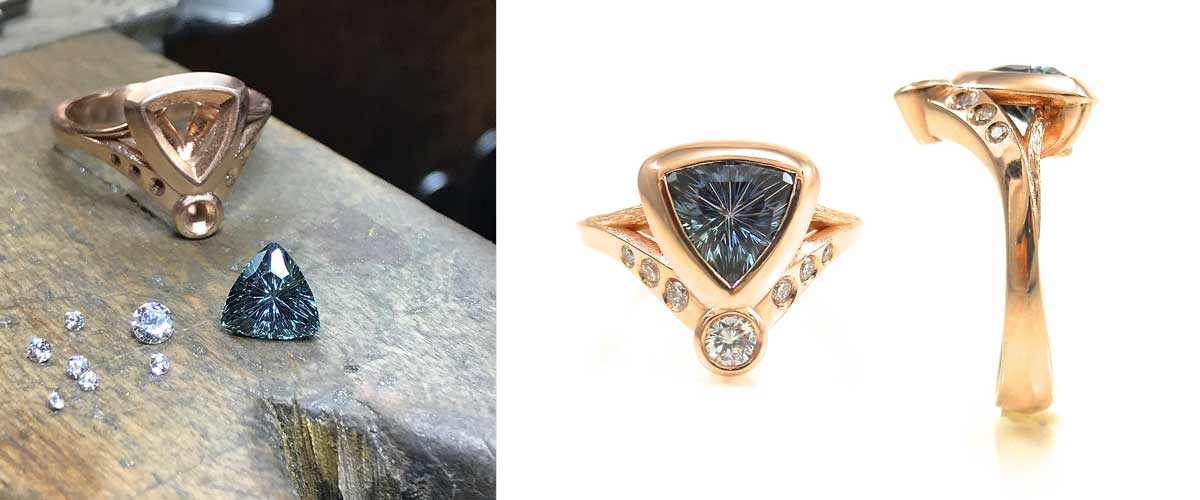 Gold Designer engagement ring with a custom trillion cut Montana Sapphire