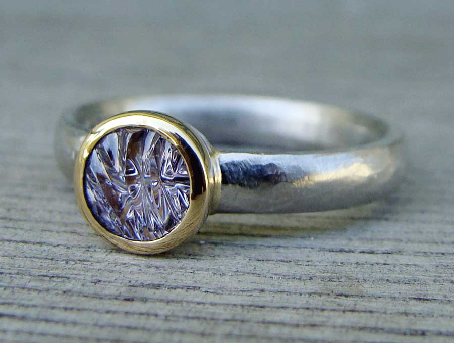 Round RippleTop cut Purple Montana Sapphire in a custom engagement ring by jewelry designer Tamara McFarland